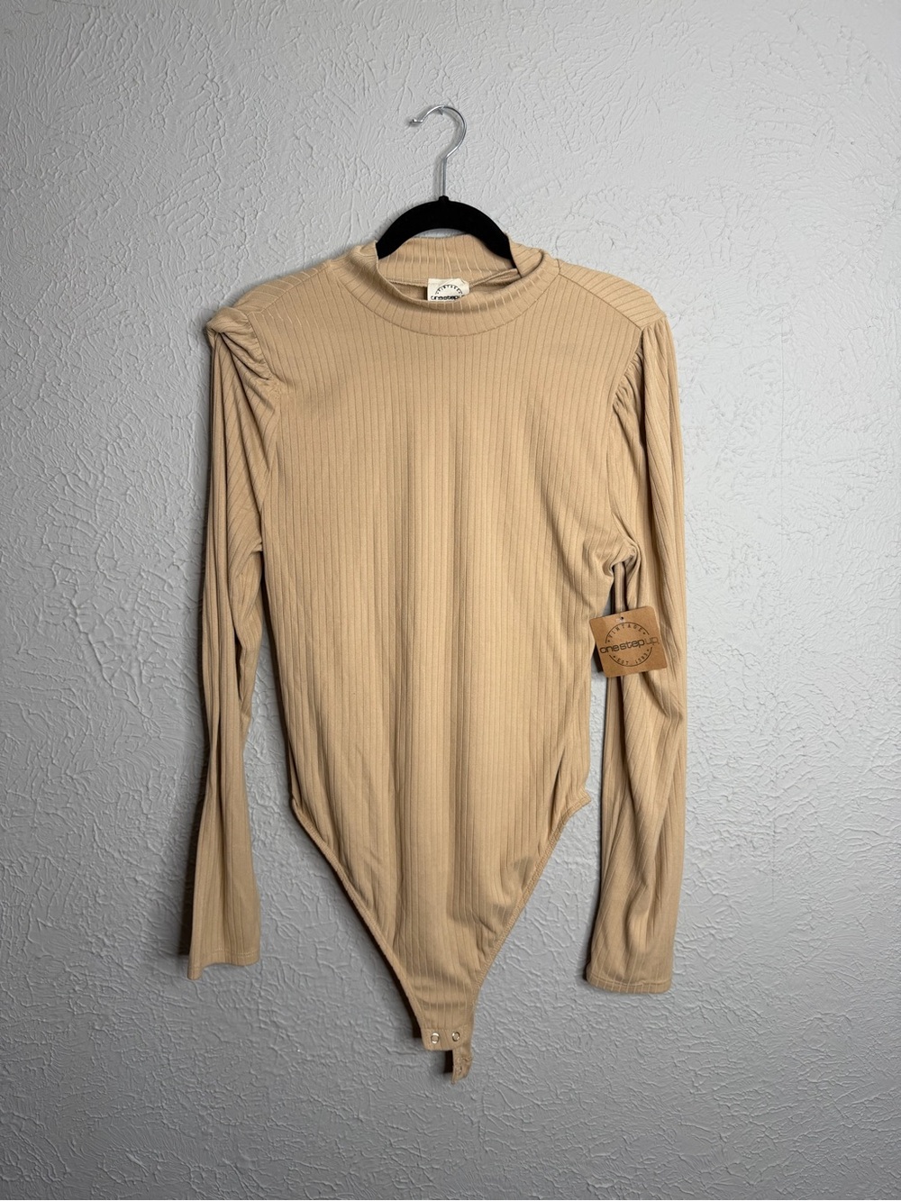 One Step Up Neutral Ribbed Long-Sleeve Bodysuit in Beige